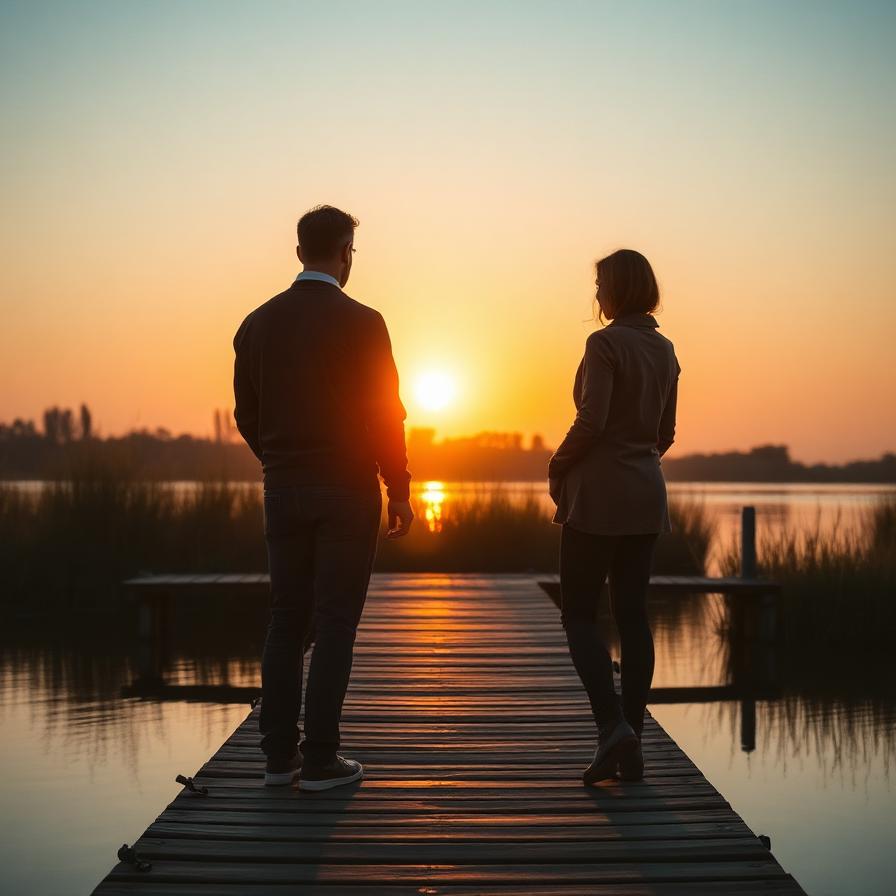 A couple watching sunset from a lake pier