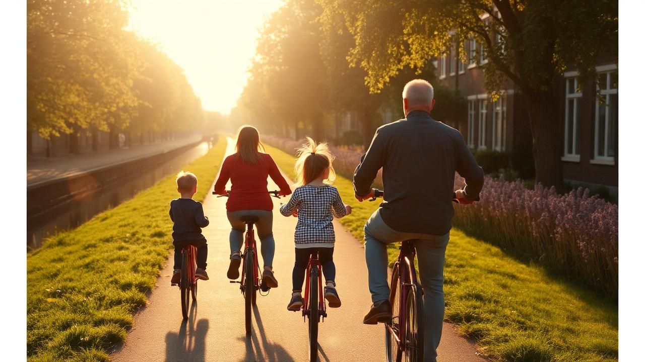 Family cycling along a Dutch canal at golden hour