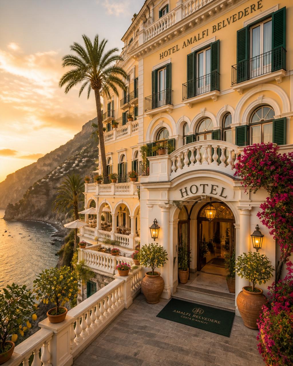 Hotel Amalfi Belvedere, a classic Italian seaside hotel on the Amalfi coast at golden hour