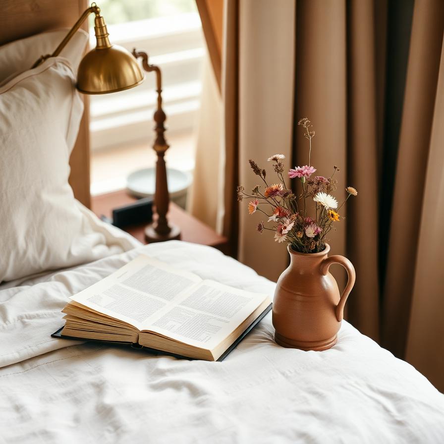 Warm boutique interior detail with linen bedding